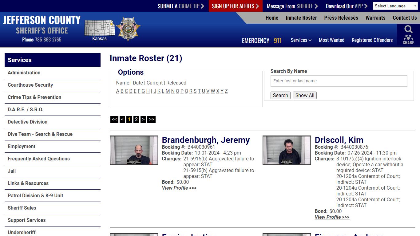 Inmate Roster - Current Inmates - Jefferson County, Kansas Sheriff's Office